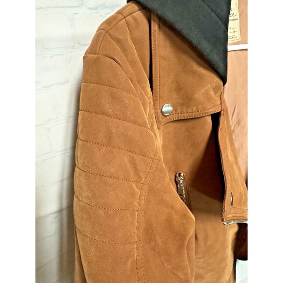 We The Free People Women’s Medium black Hood Tan Camel Vegan Leather Moto Jacket - Picture 6 of 9